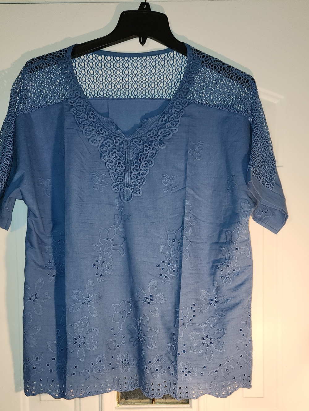 Blue Embroidered Crochet Yoke Women's Top